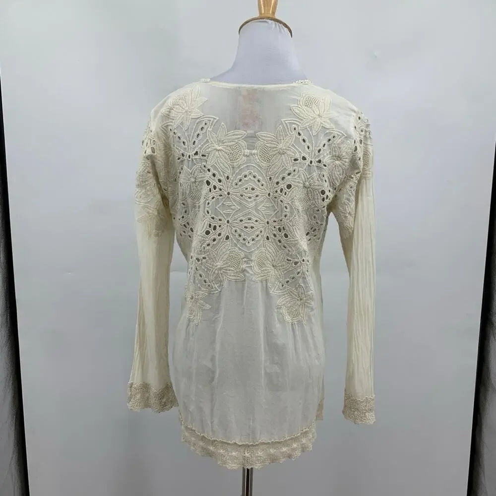 Johnny Was Blouse Womens S Small Ivory Cotton Embroidered Eyelet V Neck Tunic